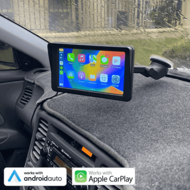 Universal CarPlay Dashboard mounted on a car dashboard, displaying app icons for easy access while driving