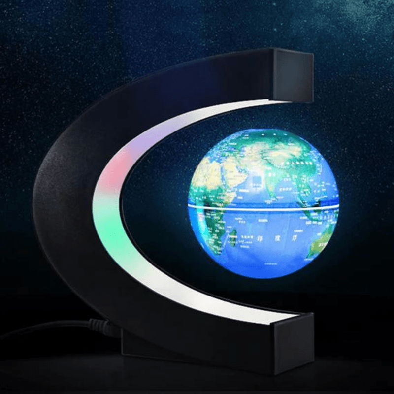 Floating globe light with a bright, illuminated world map, set against a cosmic background. The globe is suspended within a sleek C-shaped frame, glowing in vibrant colors