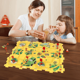 A mother and child enjoying a Kids Car Puzzle Track toy with various yellow track pieces, a green toy car, and road signs. The child is engaged in assembling the track, promoting creativity and interactive play.