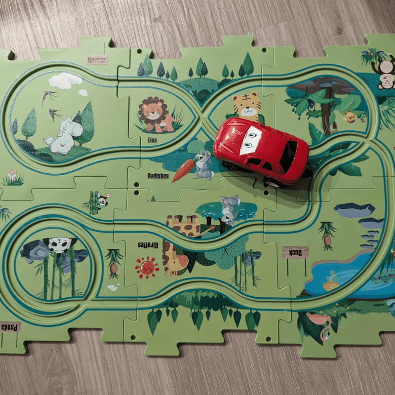 Jungle-themed kids car puzzle track with illustrated animals, plants, and a red toy car, designed to enhance creativity and problem-solving skills in children through interactive play