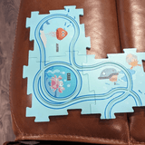 Kids car puzzle track with a fun sea theme featuring jellyfish and crab illustrations, designed to boost creativity and problem-solving skills for children